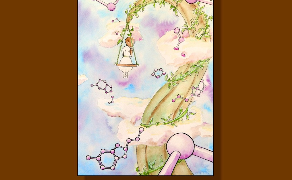 Brown book cover with white lettering that reads “The Golem Verses” and “Poems by Diane R. Wiener” (italicized). Illustration by Lucy Wales, featuring a child on a swing suspended from a beanstalk among the clouds and serotonin molecules in the sky.